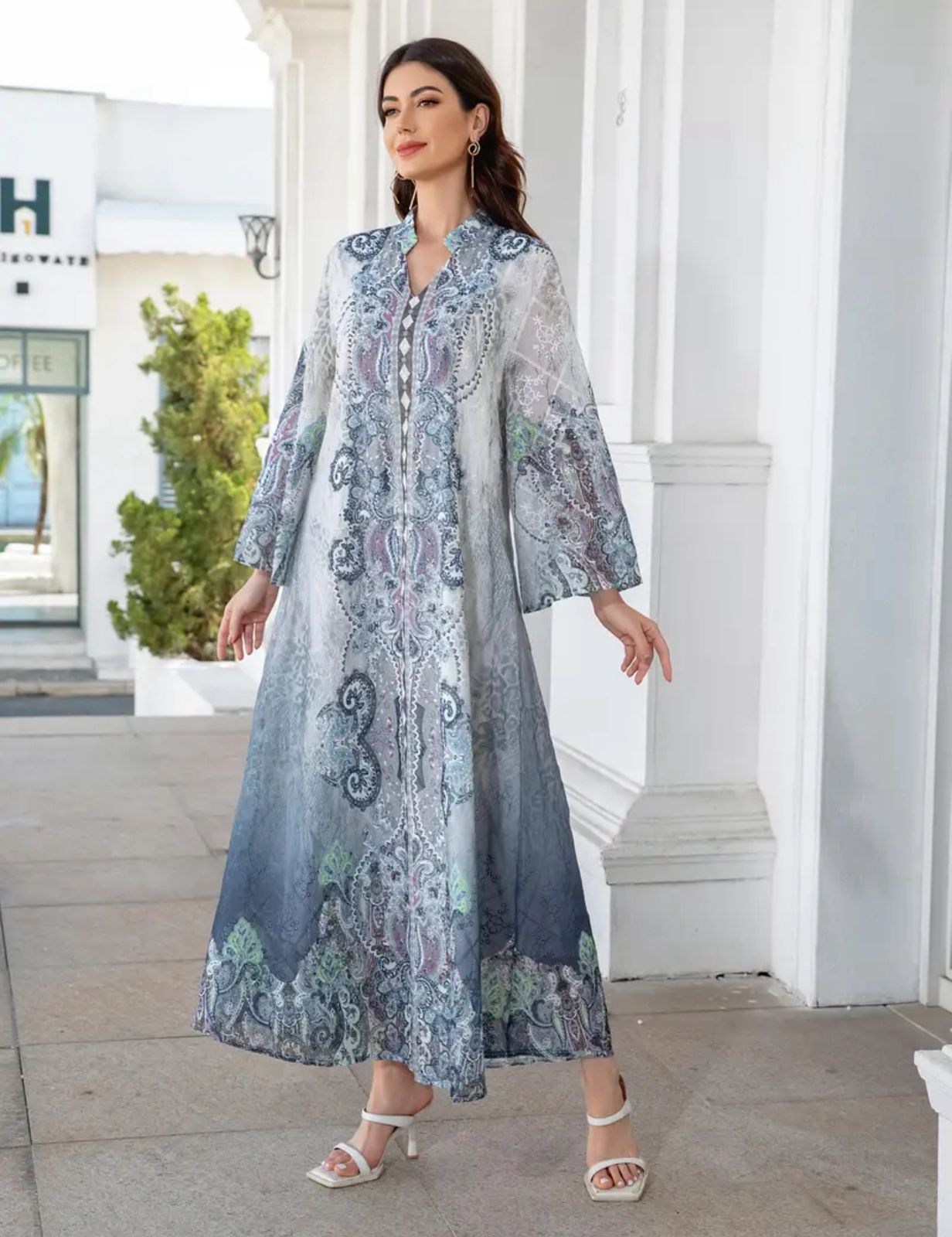Modest Mesh Abaya Printing Long Robe Daily Casual Wear Islamic Clothing Turkish Robe thumbnail 2