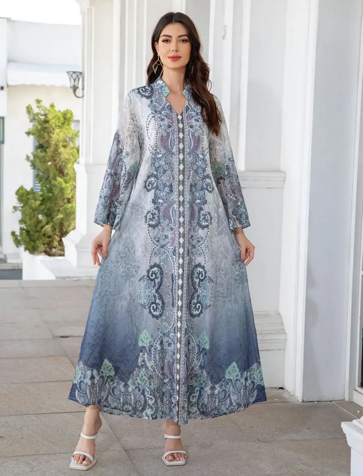 Modest Mesh Abaya Printing Long Robe Daily Casual Wear Islamic Clothing Turkish Robe thumbnail 3