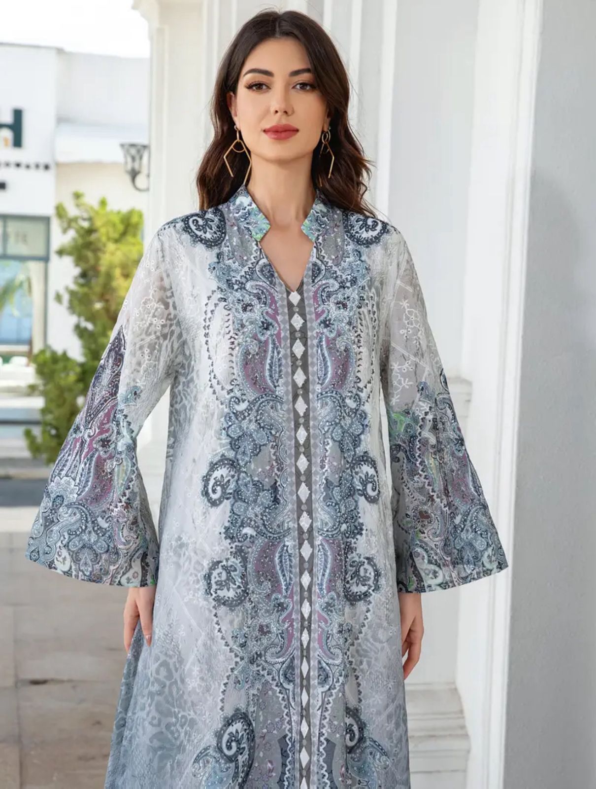 Modest Mesh Abaya Printing Long Robe Daily Casual Wear Islamic Clothing Turkish Robe thumbnail 5