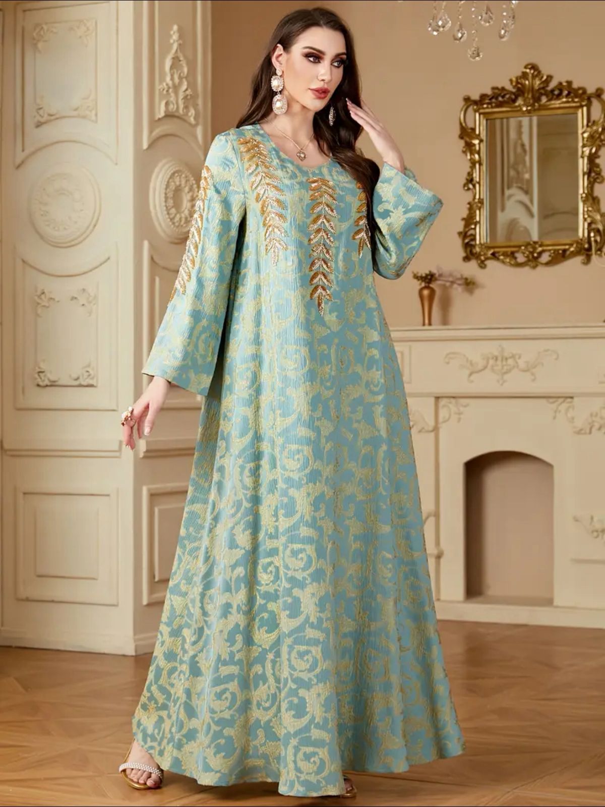 Elegant, glittering, embellished jalabiya abaya for women thumbnail 2