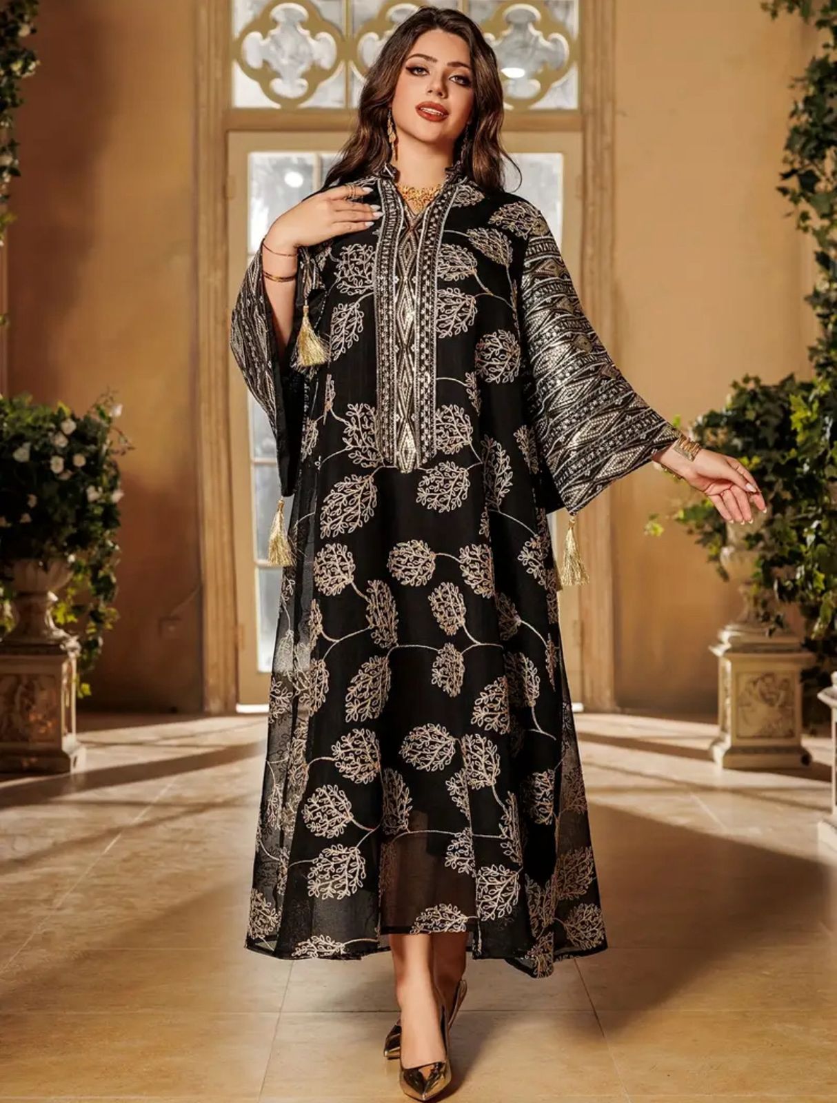 Modest Mesh Abaya Printing Long Robe Daily Casual Wear Islamic Clothing Turkish Robe thumbnail 4