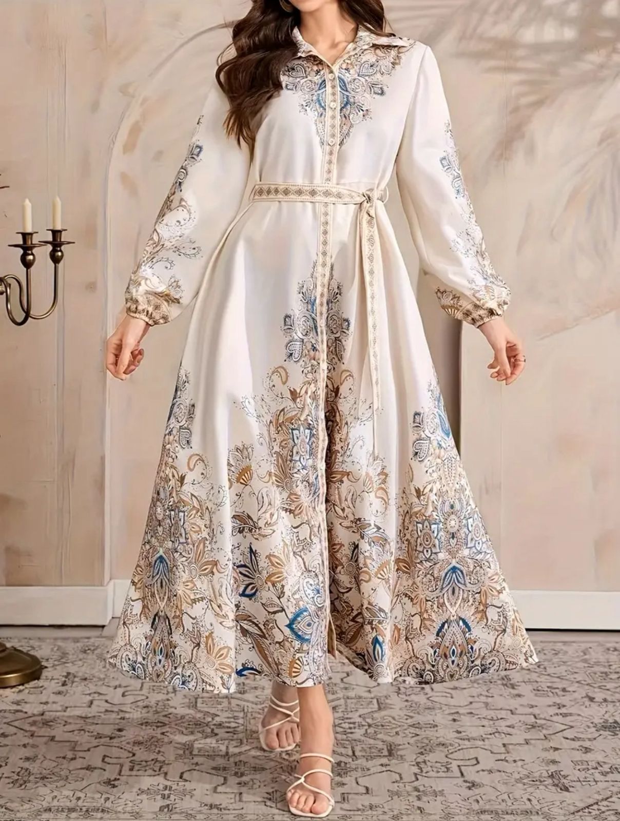 Modest Mesh Abaya Printing Long Robe Daily Casual Wear Islamic Clothing Turkish Robe thumbnail 2