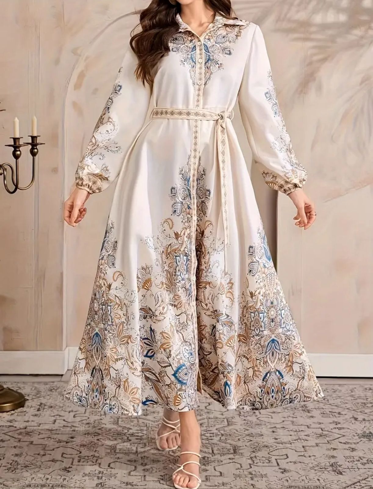 Modest Mesh Abaya Printing Long Robe Daily Casual Wear Islamic Clothing Turkish Robe thumbnail 4